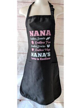 Q-Tees Nana Bib Apron Black Print Cotton Blend Adjustable Halter Tie Pockets